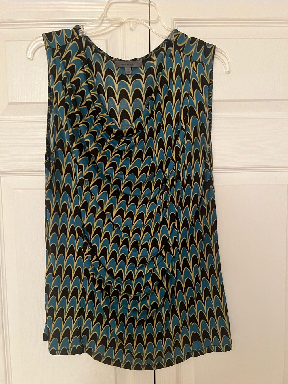 Teal, Yellow & Brown Scallop Ruffle Shell Top